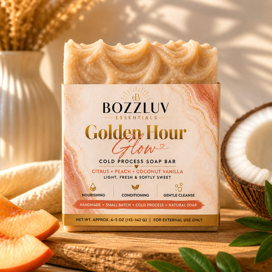 BozzLuv Essentials Golden Hour Glow handmade cold process soap with citrus peach coconut vanilla scent and creamy swirl texture