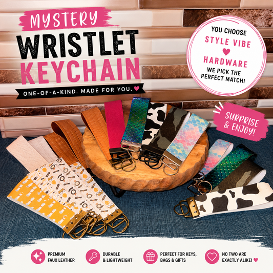 Assorted handmade mystery faux leather wristlet keychains in multiple colors and prints displayed on wooden tray by BozzLuv Essentials