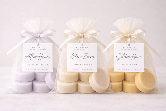 BozzLuv Home Essentials Signature Trio with 18 luxury wax melt rounds.