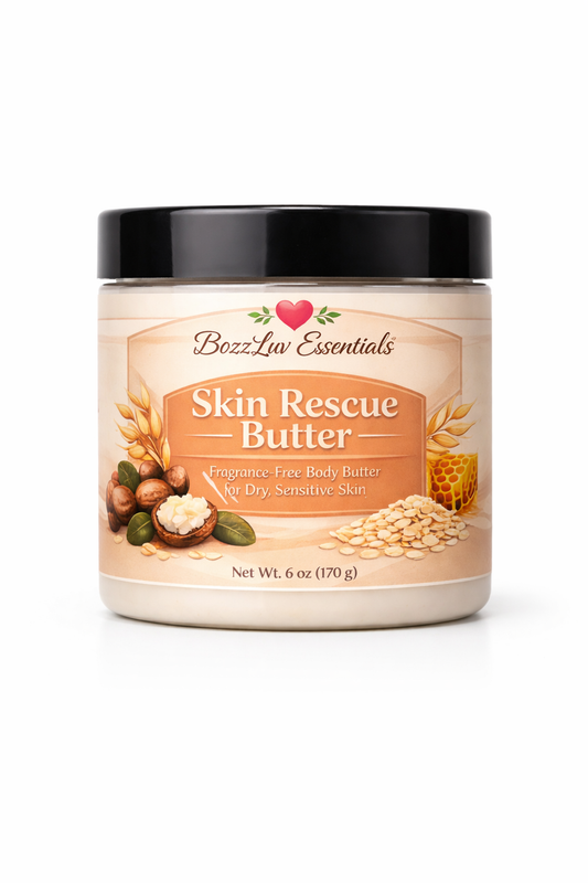 Jar of Bozz Luv Essentials Skin Rescue Butter on a white background. BozzLuv Essentials Skin Rescue Butter 6 oz fragrance-free body butter for dry sensitive skin