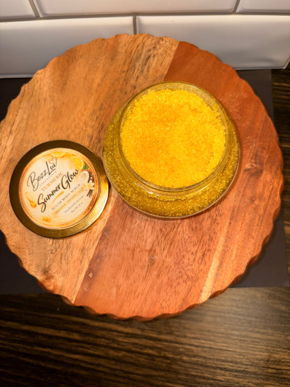 turmeric sugar body scrub for glowing skin with lemon coconut vanilla fragrance