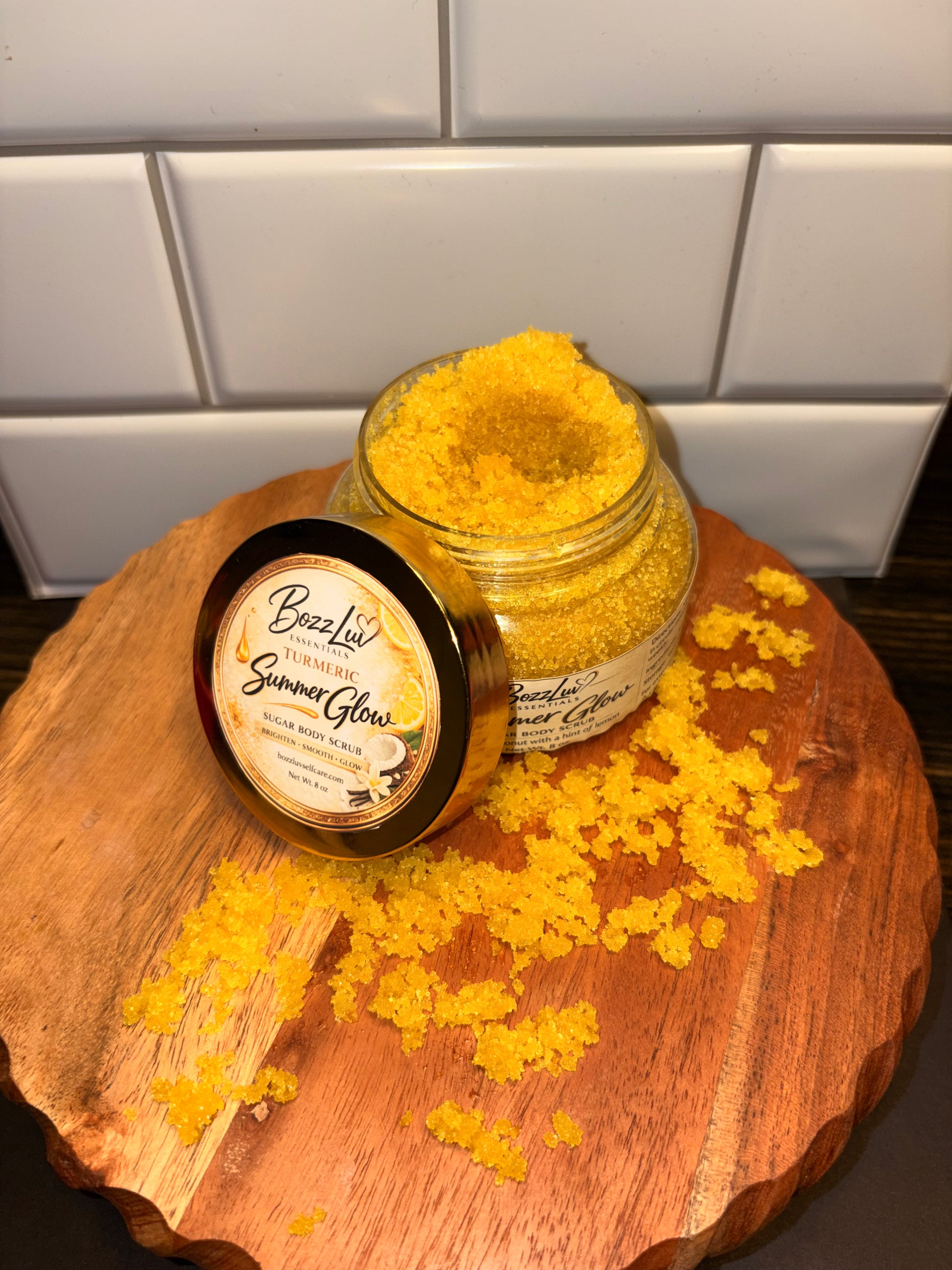 close up of turmeric sugar scrub texture for exfoliating and brightening skin