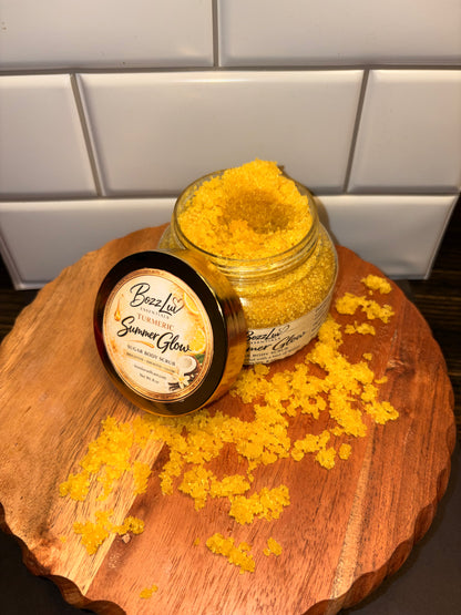 close up of turmeric sugar scrub texture for exfoliating and brightening skin