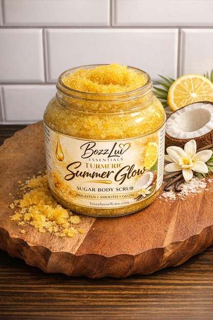 BozzLuv Essentials turmeric summer glow sugar body scrub 8 oz with lemon vanilla coconut scent