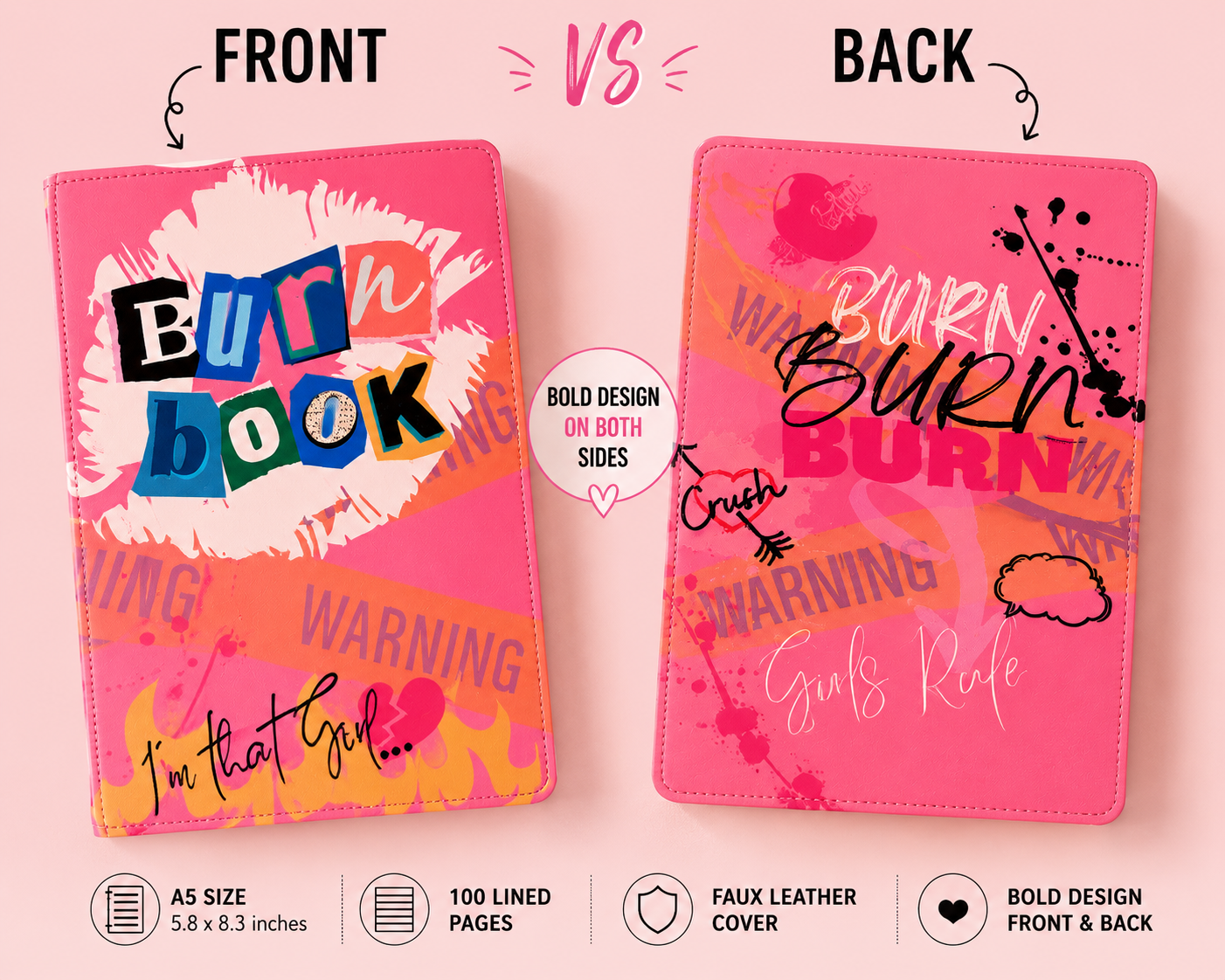 Front and back design comparison of pink burn book A5 journal with faux leather cover and bold aesthetic graphics, 100 lined pages