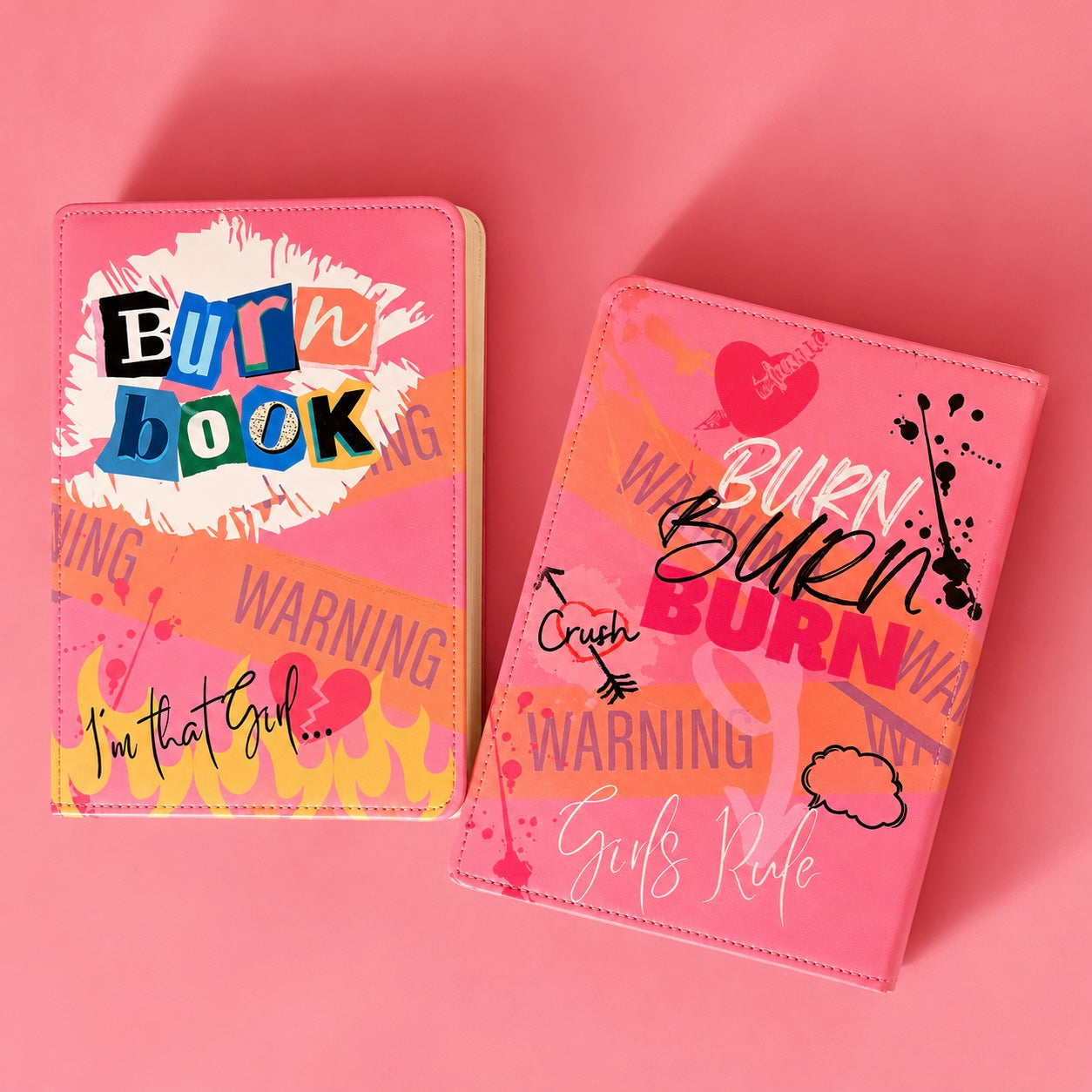 Pink burn book A5 journal with bold front and back design, faux leather cover and 100 lined pages