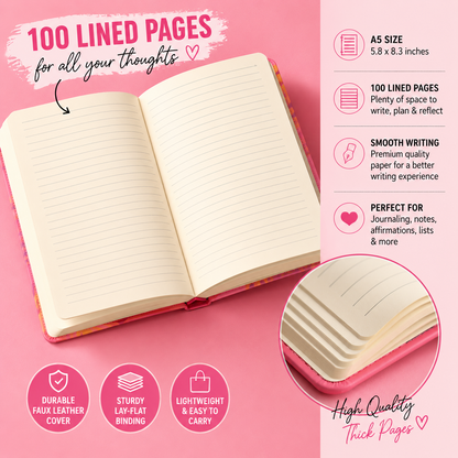 Open burn book A5 journal showing lined pages and paper quality, faux leather notebook with 100 lined pages for journaling and writing