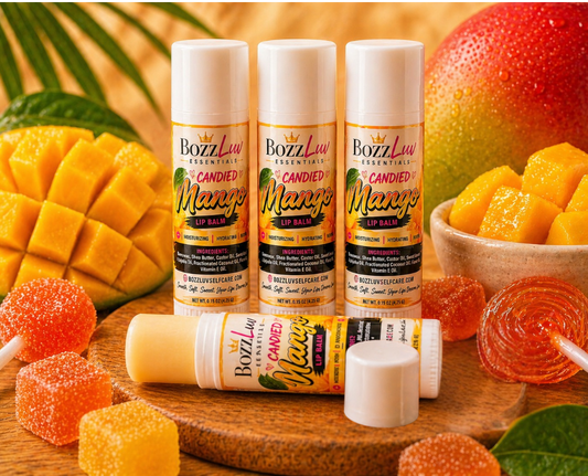 Candied Mango lip balm by BozzLuv Essentials styled with mango fruit and candy for a fun hydrating lip care experience
