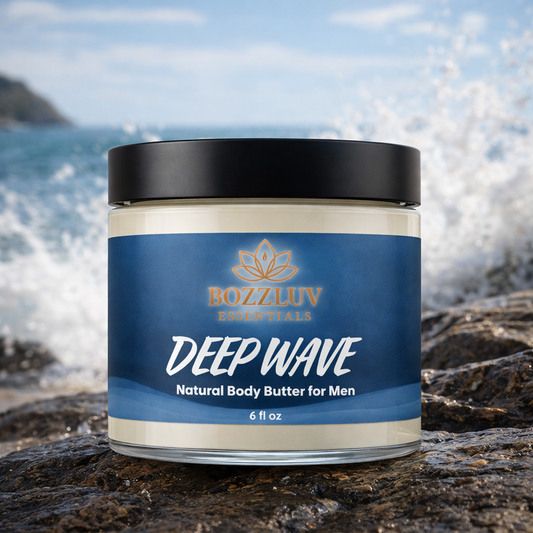 Deep Wave 6 oz body butter for men with a fresh aquatic scent by BozzLuv Essentials.