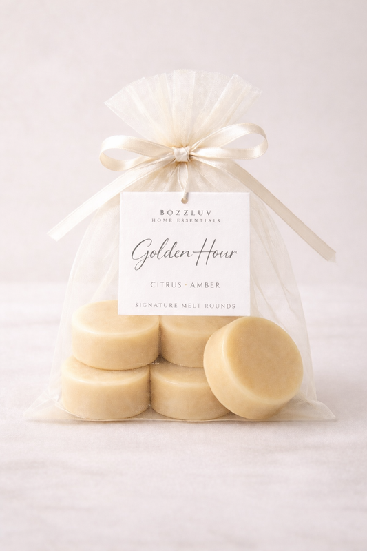 Golden Hour citrus amber signature wax melt rounds, 4.8 oz, by BozzLuv Home Essentials.