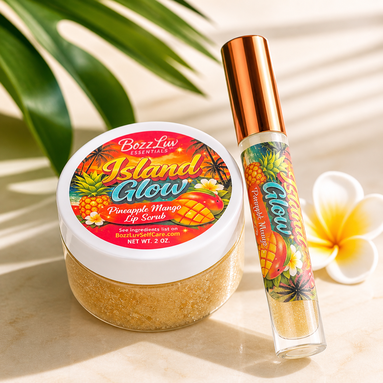 Island Glow Pineapple Mango lip scrub and lip gloss with tropical design on a light background