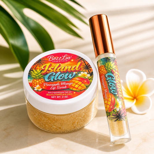 Island Glow pineapple mango lip scrub and glossy lip oil duo by BozzLuv Essentials.