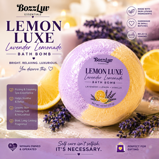 Lemon Luxe Lavender Lemonade bath bomb by BozzLuv Essentials.