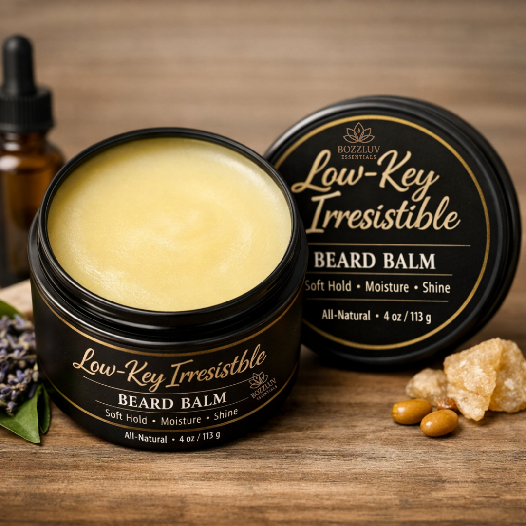 Low-Key Irresistible natural beard balm in a 4-ounce black tin by BozzLuv Essentials, surrounded by natural ingredients, designed to soften, moisturize, and add shine to beards.