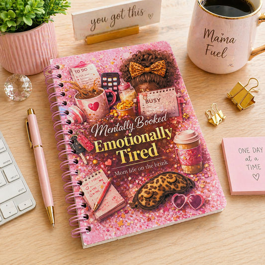 Mentally Booked & Emotionally Tired spiral journal by BozzLuv Essentials in a desk flat lay.