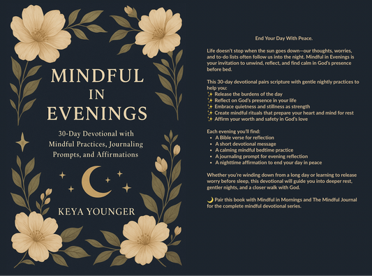 Preview of the Mindful in Evenings Christian devotional book by BozzLuv Essentials.