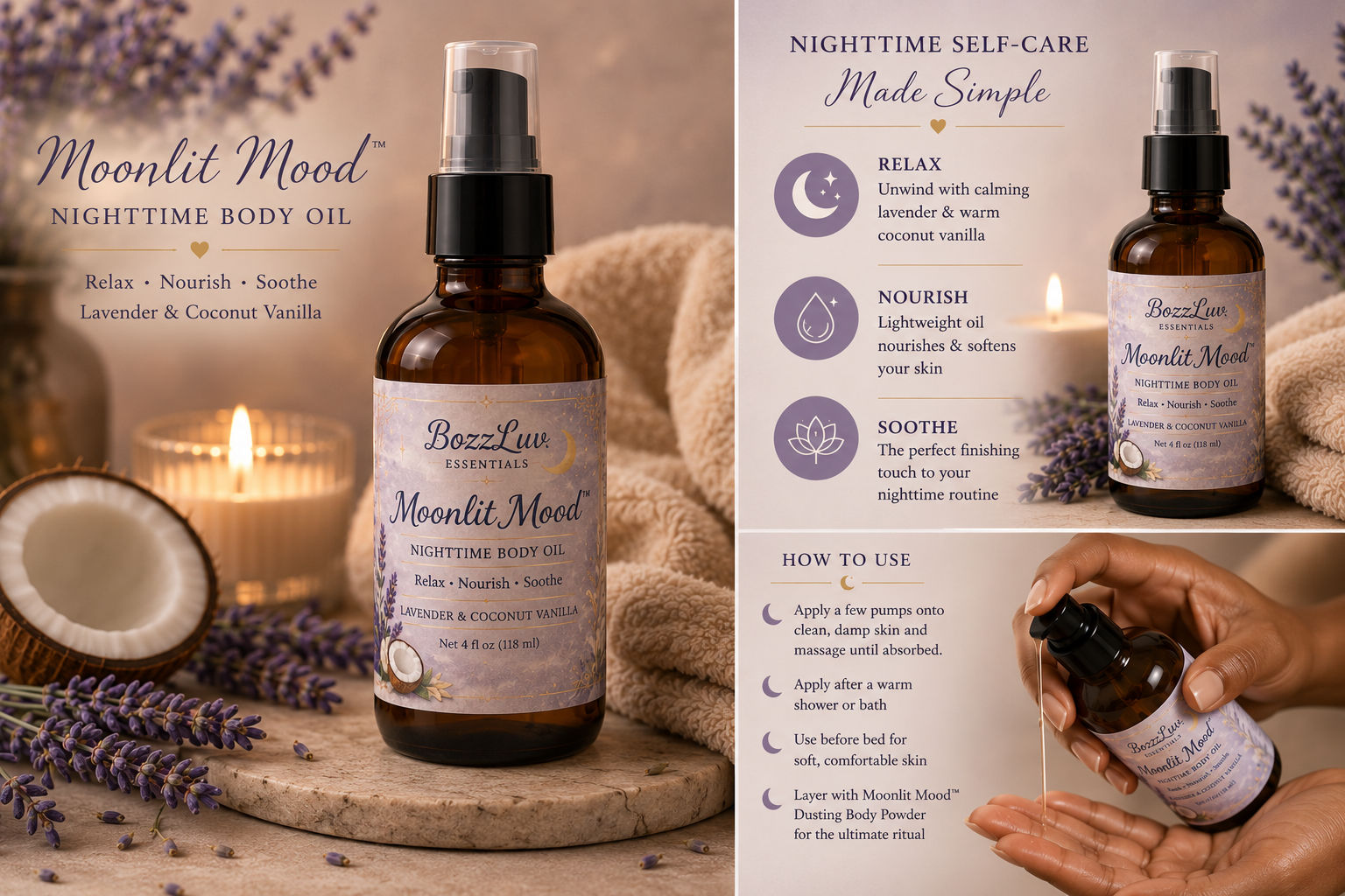 Moonlit Mood nighttime body oil luxury self-care infographic featuring lavender coconut vanilla scent, usage instructions, and spa-inspired lifestyle imagery by BozzLuv Essentials