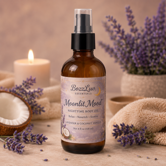 Moonlit Mood nighttime body oil by BozzLuv Essentials in amber treatment pump bottle with lavender, coconut, and cozy spa-inspired background
