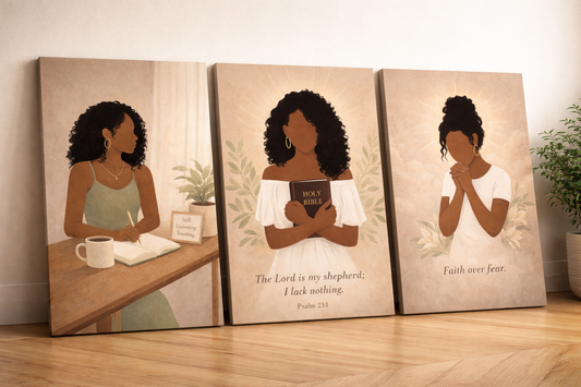 Three-piece Christian canvas wall art set featuring serene faceless Black women illustrations with faith messages including Psalm 23:1, “Faith Over Fear,” and “Still. Listening. Trusting.”