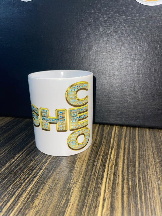 SheCeO ceramic mug product image by BozzLuv Essentials.