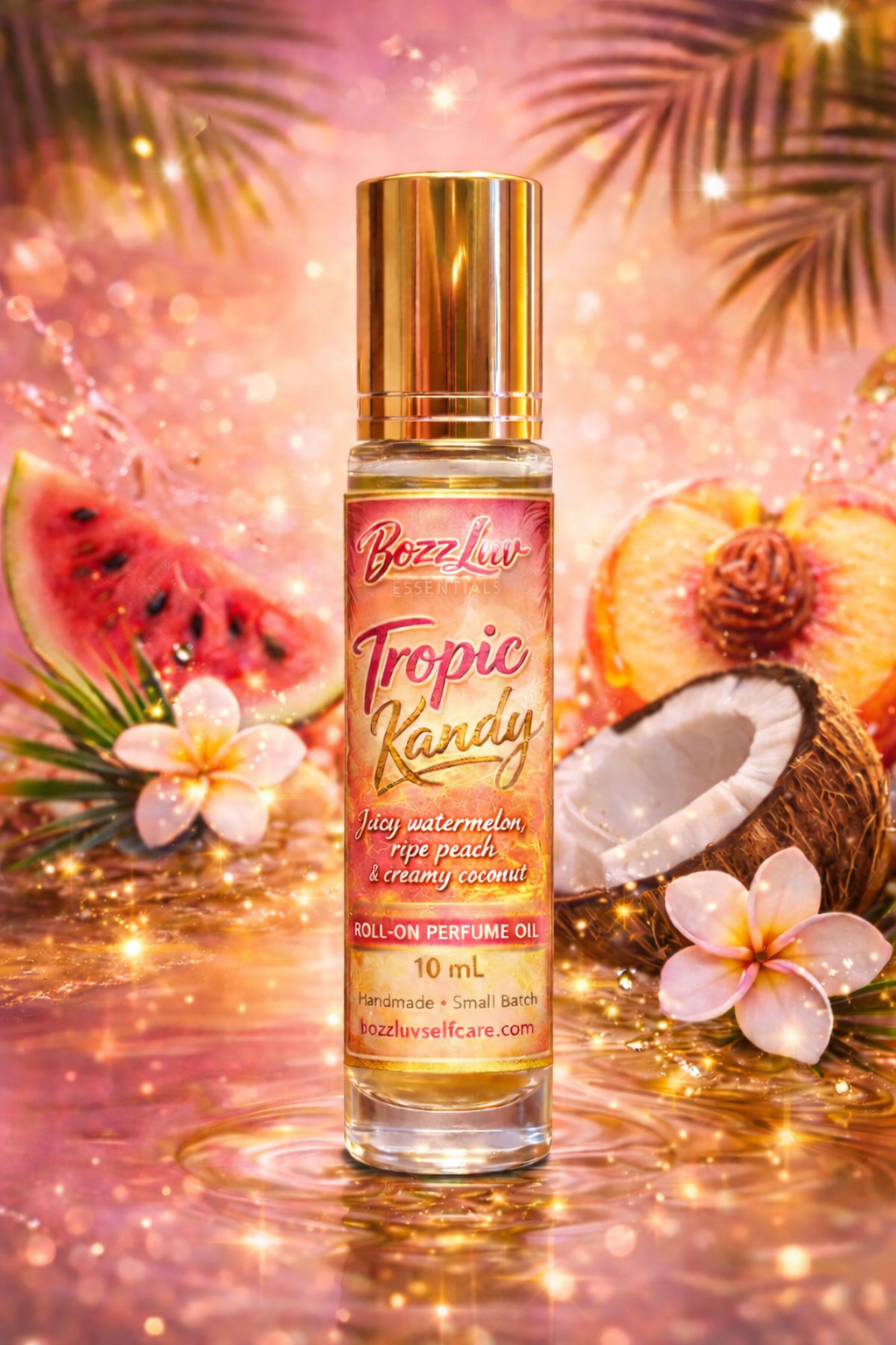 Roll-on perfume oil bottle with tropical elements on a glittery background. BozzLuv Essentials Tropic Kandy roll-on perfume oil in a 10 mL glass bottle with gold cap and tropical label
