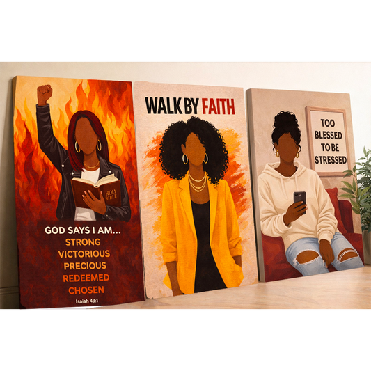 Three-piece faith-inspired canvas wall art set featuring bold faceless Black women illustrations with Christian affirmations including “Walk By Faith,” “Too Blessed To Be Stressed,” and Isaiah 43:1.