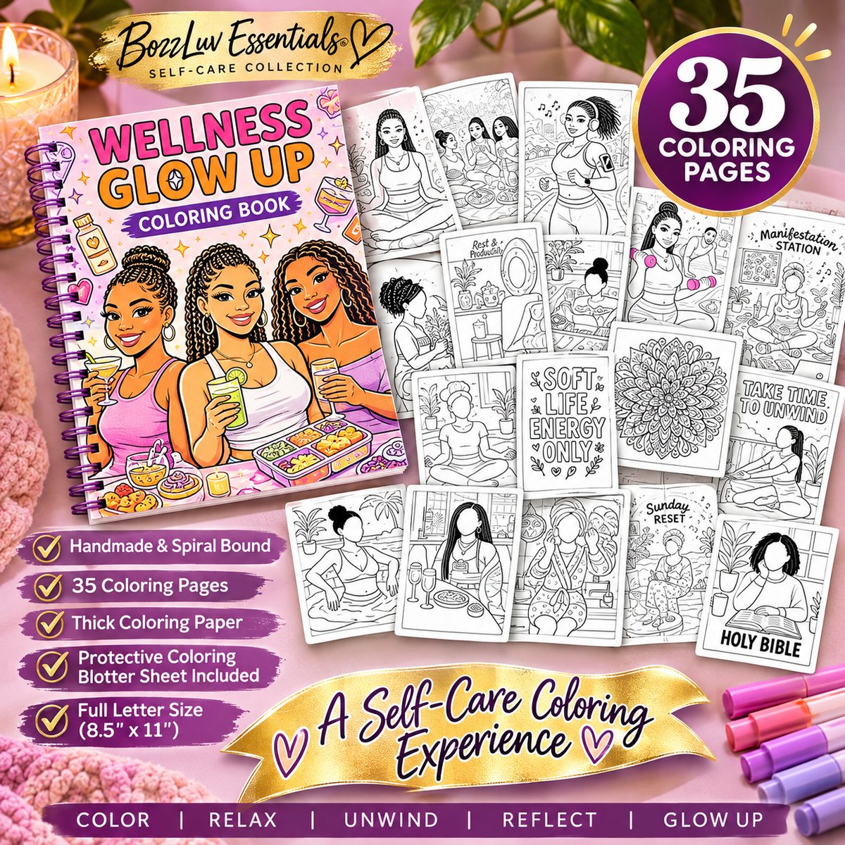 Wellness Glow Up Self-Care Coloring Book by BozzLuv Essentials featuring a collage preview of interior coloring pages, including wellness activities, affirmations, meditation, and relaxation. Handmade spiral-bound book with 35 coloring pages.