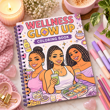 Wellness Glow Up Coloring Book by BozzLuv Essentials styled in a cozy self-care flat lay with pastel markers, colored pencils, a candle, coffee, and soft pink decor.