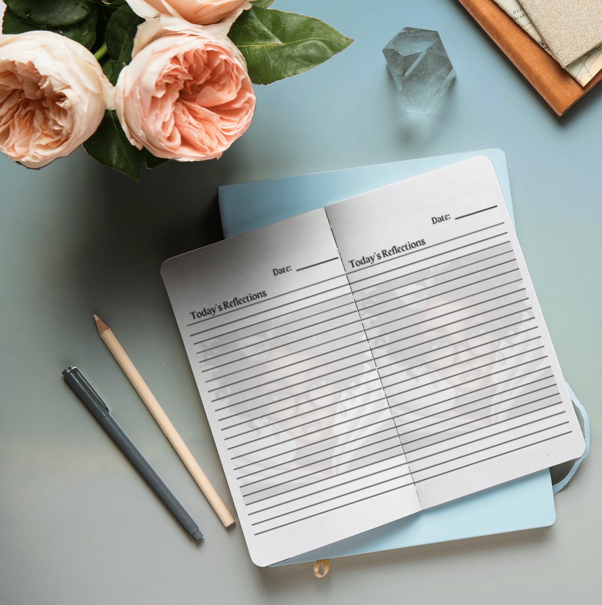 Semi-hardcover journal with 100 lined pages, featuring an illustration of an African-American woman with curly hair and glasses holding an open book, titled “Daily Reflections Journal.